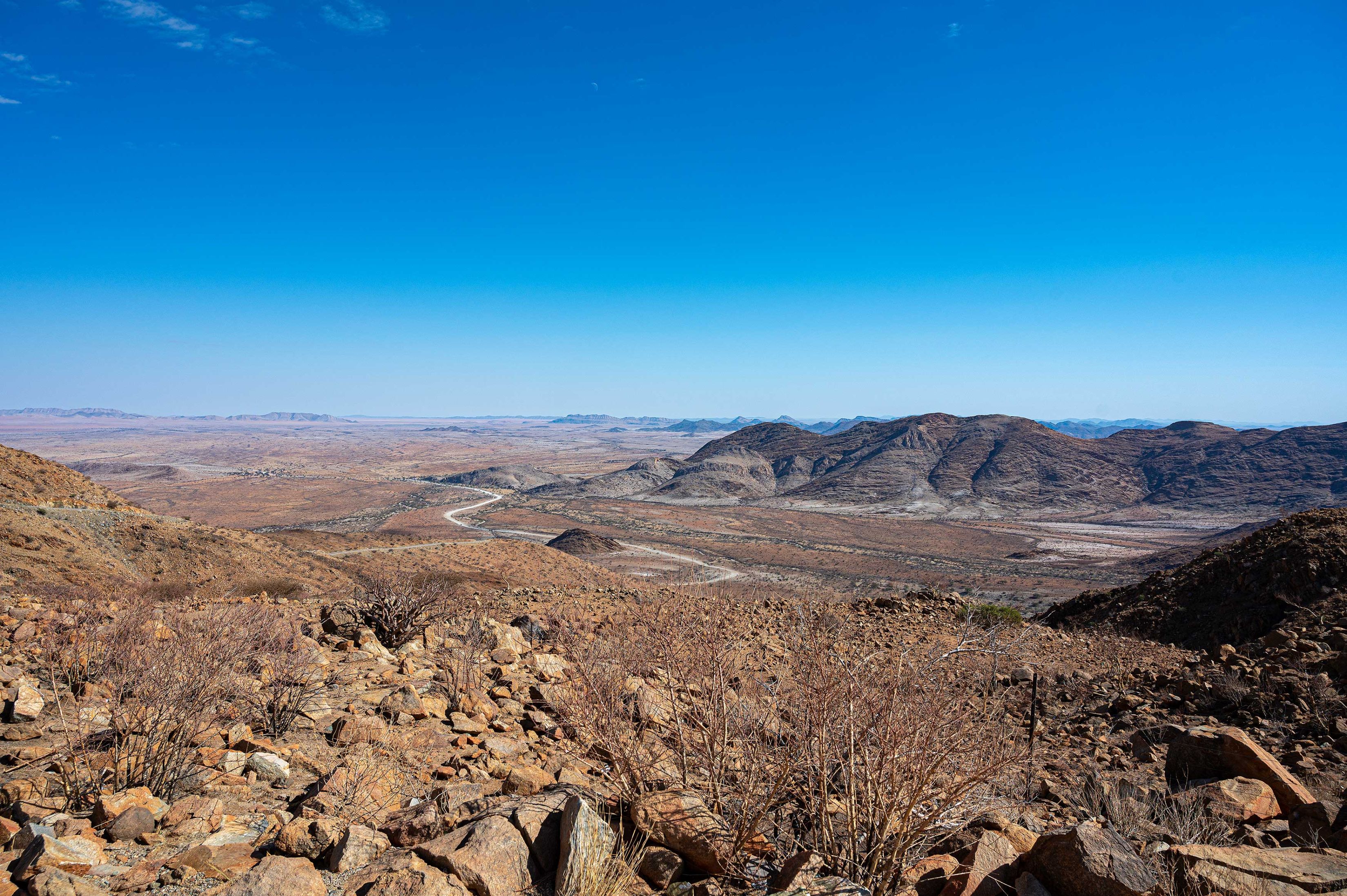Eine weite Wüstenlandschaft liegt im weichen Licht. Der Horizont öffnet sich ohne Unterbruch, der Himmel wirkt ruhig und klar. Sand und Gestein erstrecken sich still, ohne sichtbare Bewegung. Eine einsame Schotter-Strasse schlängelt sich in der Ferne durch Inselberge. Im Vorderung sind einige dürre Pflanzen sichtbar, aber kein Tiere oder Menschen.